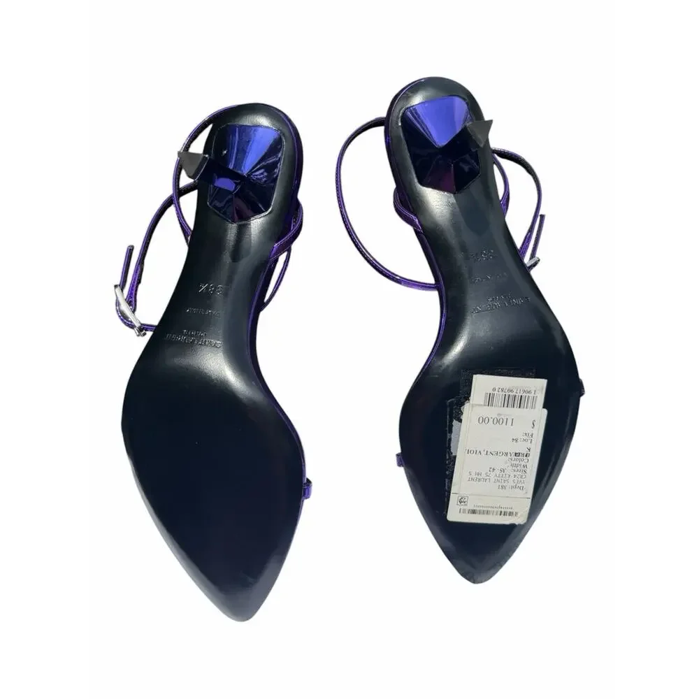 Saint Laurent Kitty 75 Metallic Plum Violet Sandals Heels 38.5 NIB